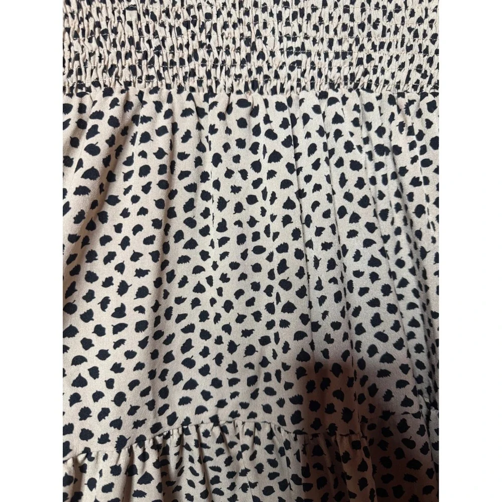 SHEIN Midi Dress Women Small Tan Black Spotted Excellent Smocked Tiered Boho